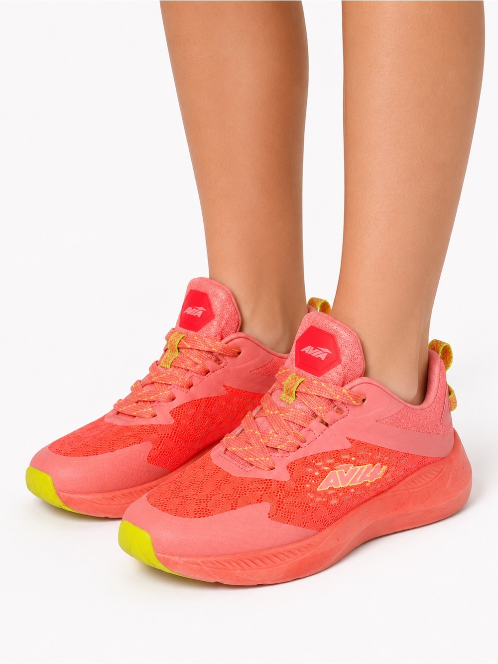 Avia Size 2 Girls Coral Pink Athletic Sneakers with Neon Yellow Accents